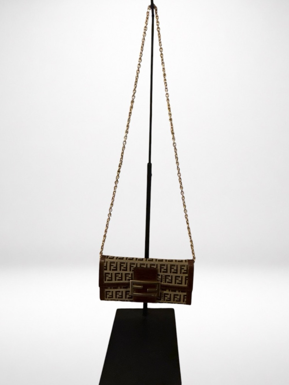 FENDI Zucca Canvas Chain Wallet Crossbody Brown FF Logo Leather Gold Hardware - Picture 3 of 16